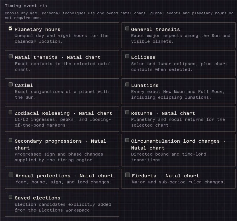 Astro Calendar timing event selection controls