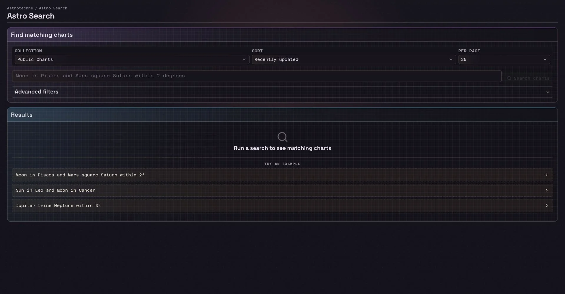 Astro Search workspace with chart search controls