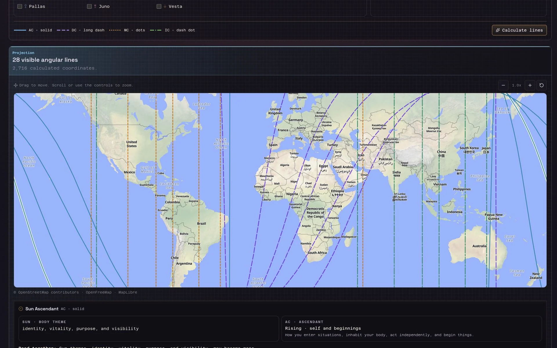 Calculated astrocartography map with planetary angular lines