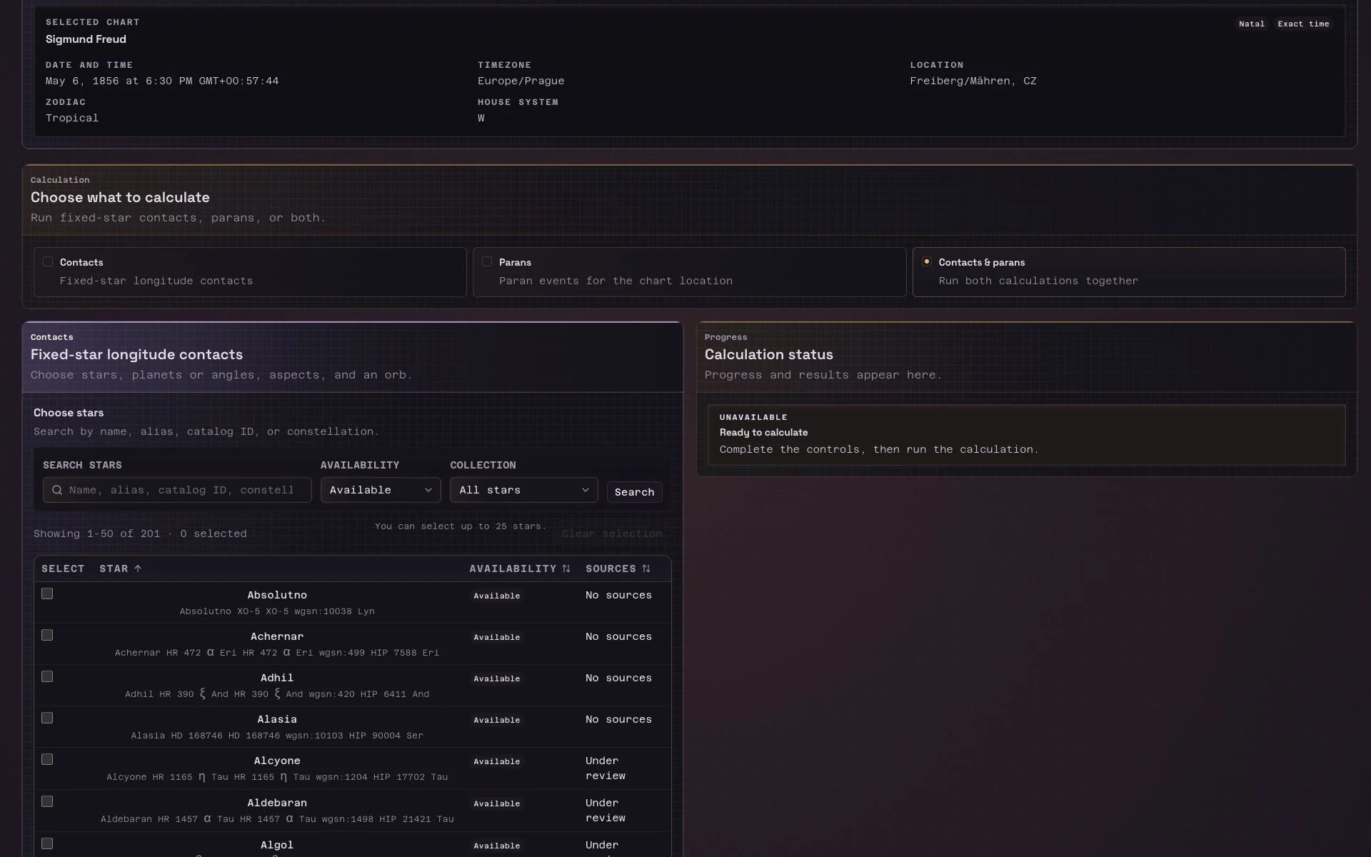 Fixed Stars and Parans workspace with chart and star selection controls