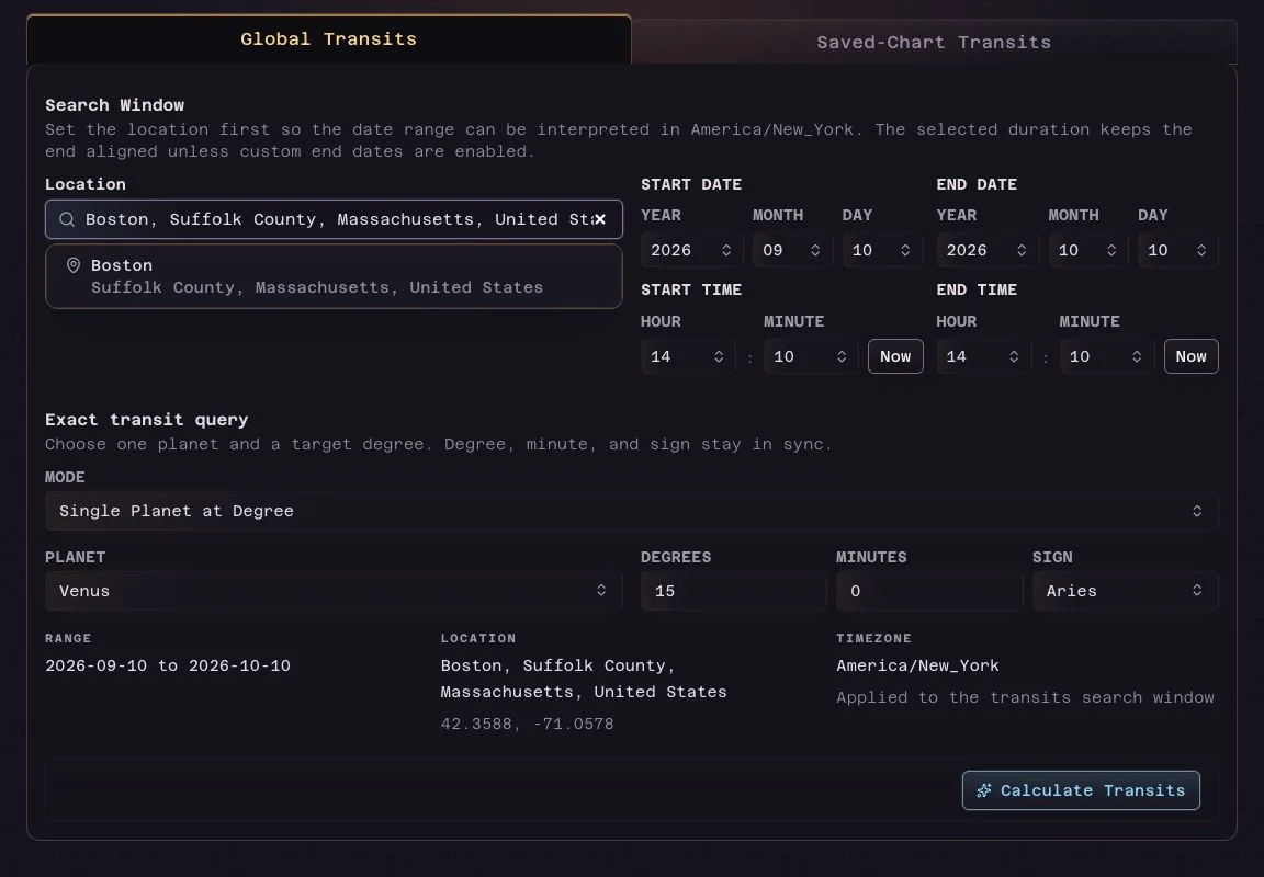 Transit Calculator workspace with transit search controls